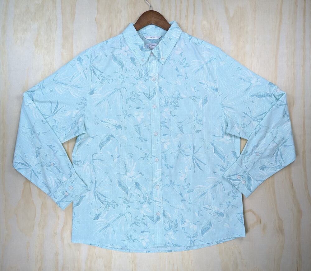 Coolibar Men's Large Aricia UPF 50+ Sun Shirt Aqua Blue Palm Leaf LS Button Down